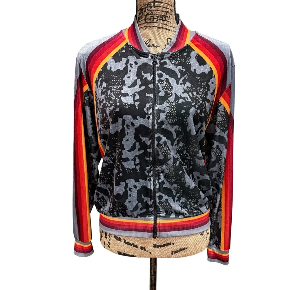 Lucky in Love Velvet Camo Jacket Black Grey Stripe Full Zip Size Medium Tennis - Picture 2 of 9